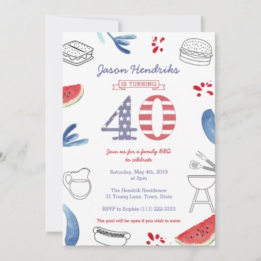 7月4日の第40回誕生日パーティー家族BBQ 招待状 (正面)