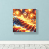 7月4日の米国国旗と花火 キャンバスプリント (インサイチュ (ウッドフロア))