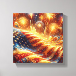 7月4日の米国国旗と花火 キャンバスプリント