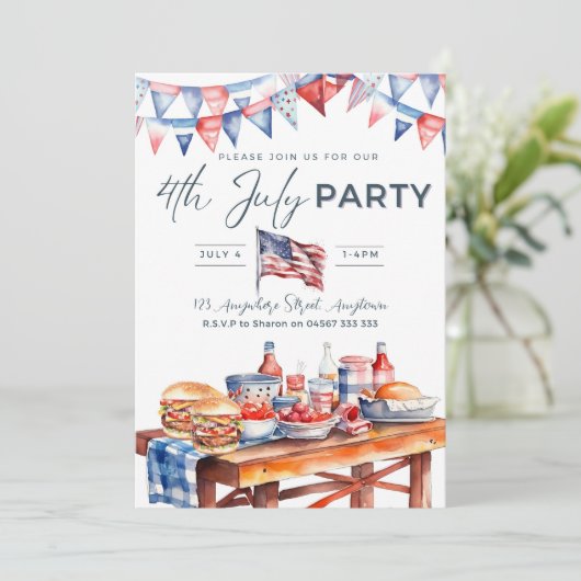 7月4日の編集可能なパーティーサマーピクニックBBQパーティー 招待状 (スタンド正面)