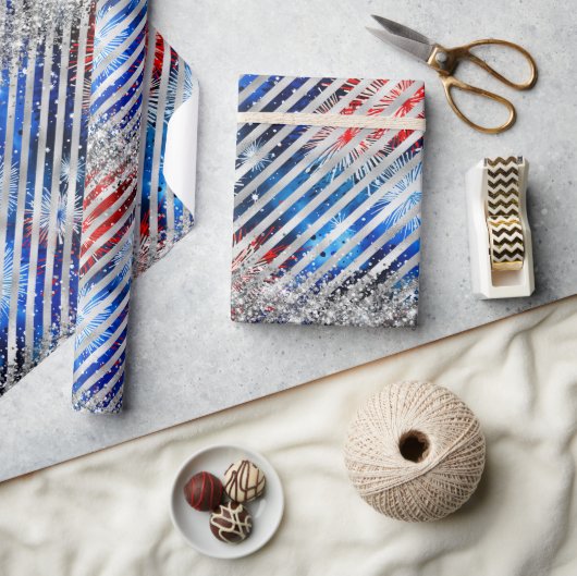 7月4日の花火シルバーグリッター独立記念日 ラッピングペーパー (クラフト)