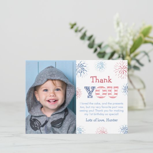 7月4日の赤と青の花火の子供の写真 サンキューカード (スタンド正面)
