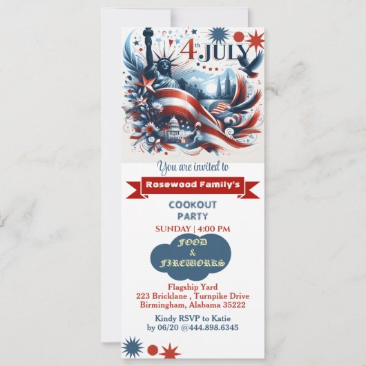 7月4日の食べ物の花火大会クックアウトパーティーレッドブルー 招待状 (正面)