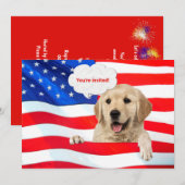 7月4日のBBQパーティーの犬と国旗 招待状 (正面/裏面)