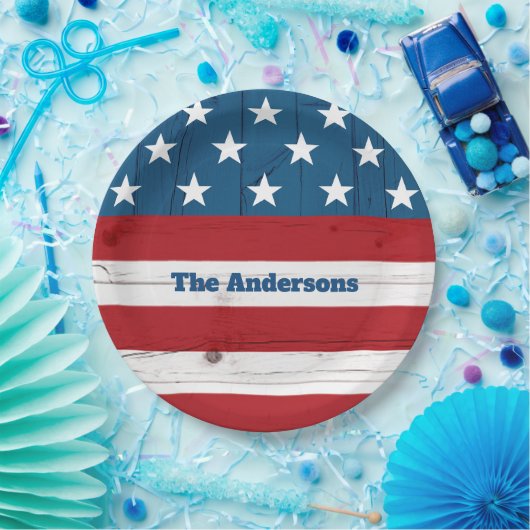7月4日はっきりした星ストライプ旗素朴木 ペーパープレート (パーティー)