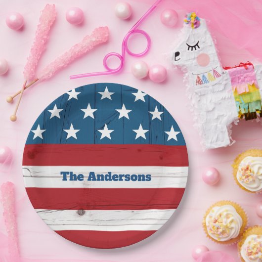 7月4日はっきりした星ストライプ旗素朴木 ペーパープレート (パーティー)