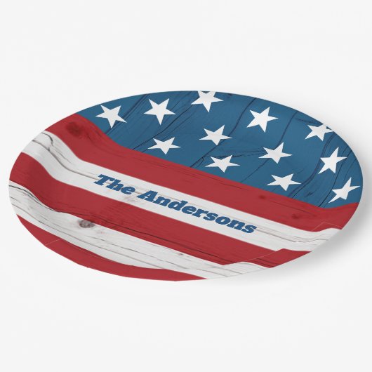 7月4日はっきりした星ストライプ旗素朴木 ペーパープレート (アングル)