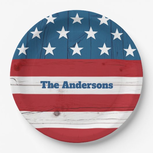 7月4日はっきりした星ストライプ旗素朴木 ペーパープレート (正面)