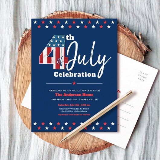 7月4日はっきりした木モダン米素朴州旗 インビテーションポストカード