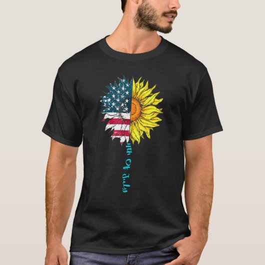 7月4日ひまわりアメリカ国旗アメリカンパトリ Tシャツ (正面)