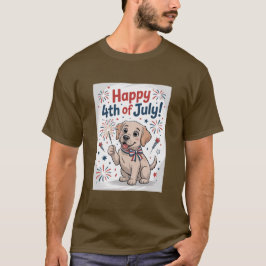 「7月4日めでたい」かわいい犬とスパークラー Tシャツ
