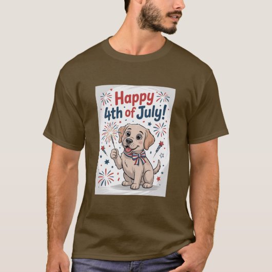 「7月4日めでたい」かわいい犬とスパークラー Tシャツ (正面)