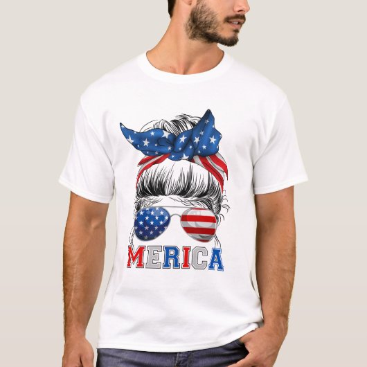 7月4日アメリカ合衆国のMessy Bun Merica Sunglasses Tシャツ (正面)