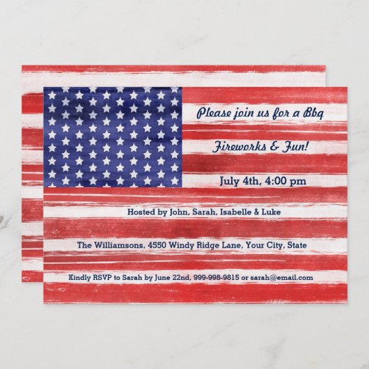 7月4日アメリカ国旗と愛国心に満ちたアートスターストライプズ 招待状 (正面/裏面)