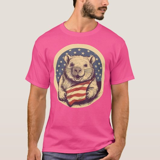 7月4日アメリカ国旗のウォンバット Tシャツ (正面)