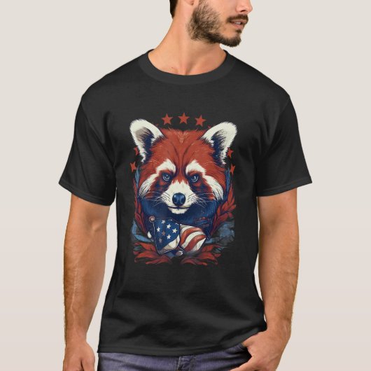 7月4日アメリカ国旗のレッドパンダ1 Tシャツ (正面)