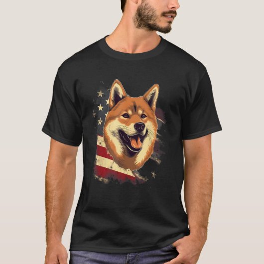 7月4日アメリカ国旗の黒・黄柴犬 Tシャツ (正面)