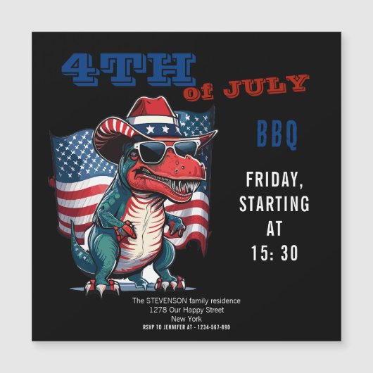 7月4日アメリカ国旗を持つハッピーダノス マグネット招待状 (正面)