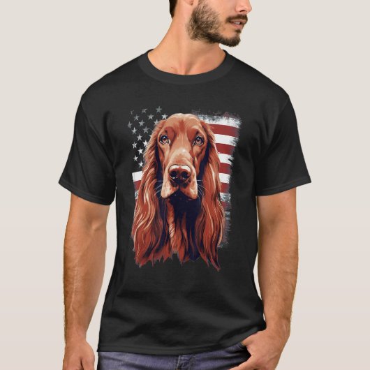 7月4日アメリカ国旗アイリッシュセッター犬 Tシャツ (正面)