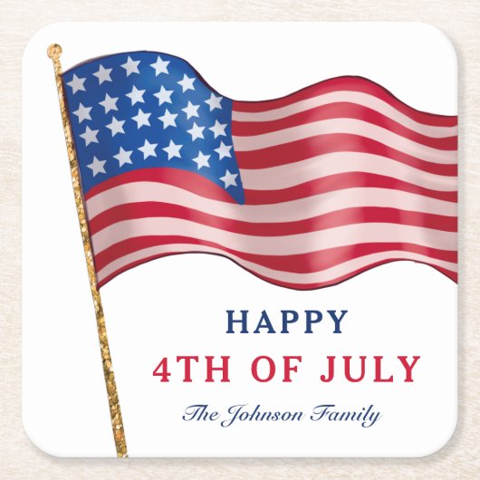 7月4日アメリカ国旗ハッピー スクエアペーパーコースター (正面)