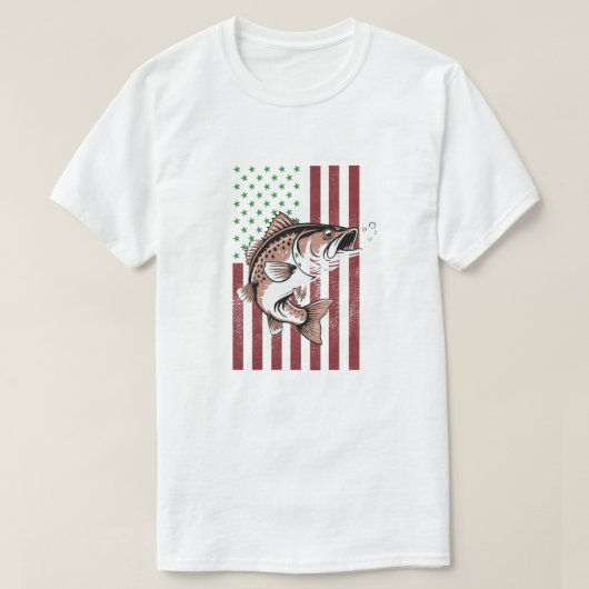 7月4日アングラー・ティーUSA魚釣り国旗Tシャツ Tシャツ (デザイン正面)