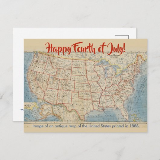 7月4日アンティーク州の地図統一された ポストカード (正面/裏面)