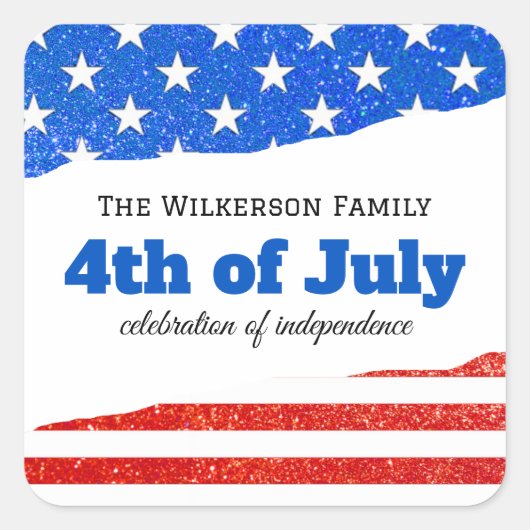 7月4日グリッター米国国旗 スクエアシール (正面)