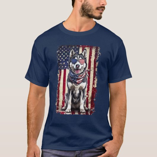 7月4日シベリア・ハスキーアメリカ国旗 Tシャツ (正面)