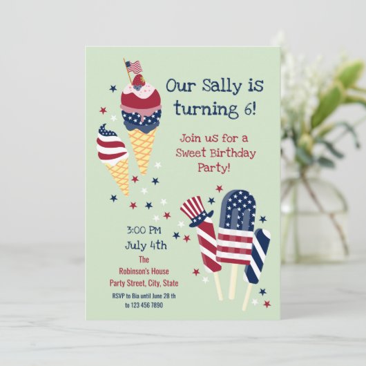 7月4日スウィート誕生日ガールパーティの招待状 招待状 (スタンド正面)