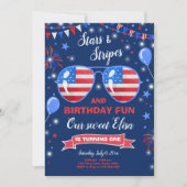 7月4日スターズ&ストライプフィレクラッカー誕生日 招待状 (正面)