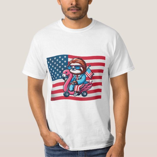 7月4日スロース・フラミンゴ・アメリカ国旗USA Fourt Tシャツ (正面)