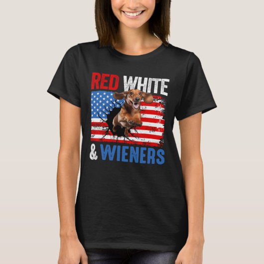 7月4日ダシュント犬のシャツ赤と白 Tシャツ (正面)