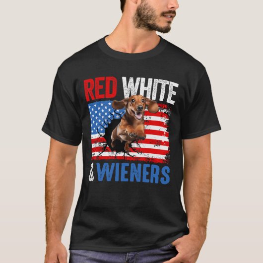 7月4日ダシュント犬のシャツ赤と白 Tシャツ (正面)