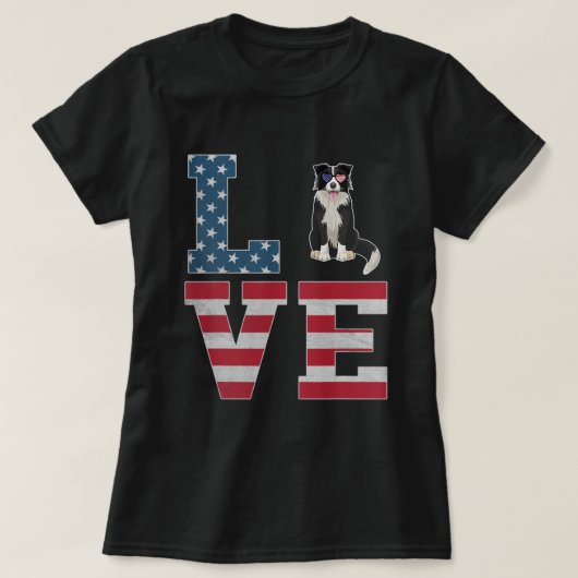 7月4日デコ愛国愛コリー縁どドッグ Tシャツ (デザイン正面)