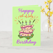 7月4日ハッピーバースデー花火ケーキキャンドル カード (黄色い花)