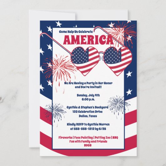 7月4日ハートサングラスアメリカパーティー招待状 シーズンカード (正面)