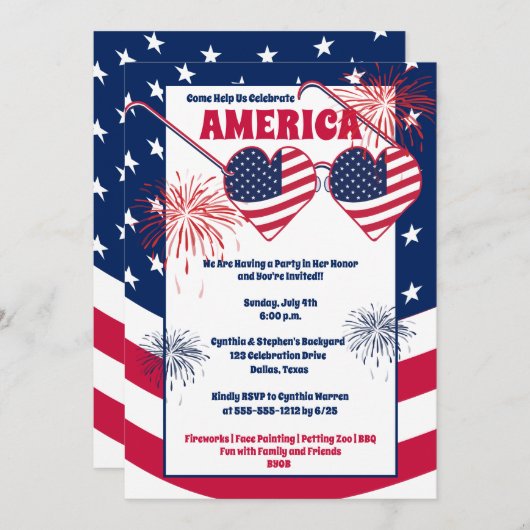 7月4日ハートサングラスアメリカパーティー招待状 シーズンカード (正面/裏面)