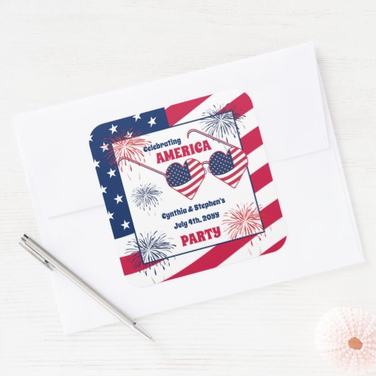 7月4日ハートサングラスアメリカパーティー スクエアシール (封筒)