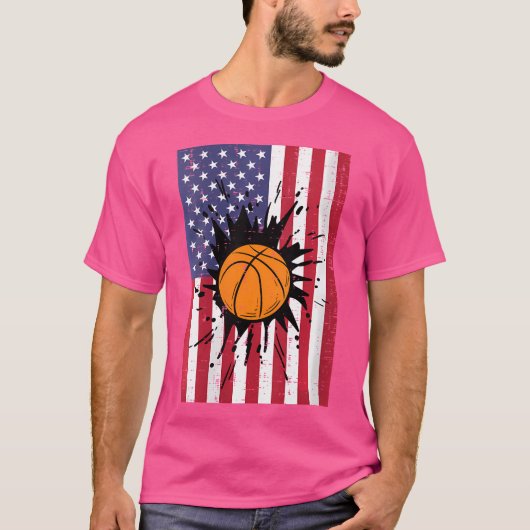 7月4日バスケットボール米国国旗の愛国少年 Tシャツ (正面)