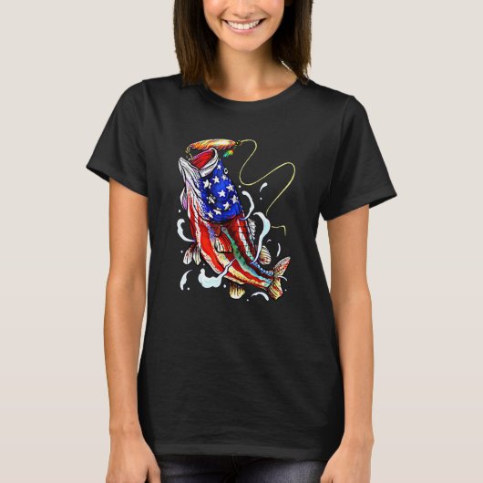 7月4日バス魚釣りアメリカ国旗Patriotic F Tシャツ (正面)