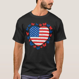 7月4日バタフライアメリカ国旗の愛国的ハートU Tシャツ