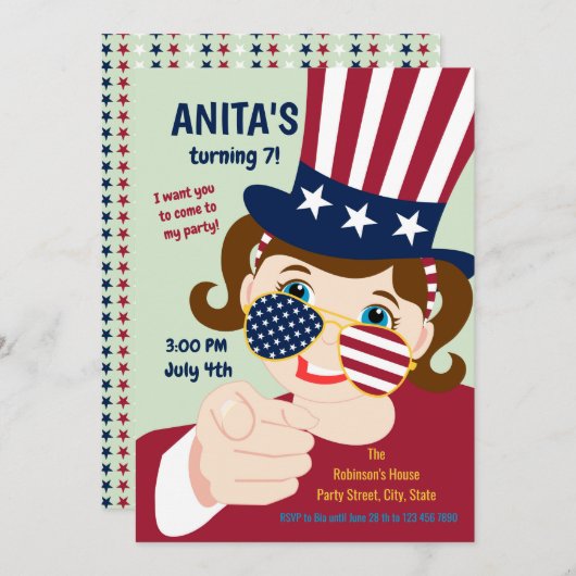 7月4日バースデーガールパーティの招待状 招待状 (正面/裏面)