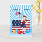7月4日バースデーガール米国旗 カード (黄色い花)