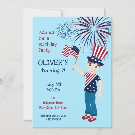 7月4日バースデーボーイパーティの招待状 招待状 (正面)
