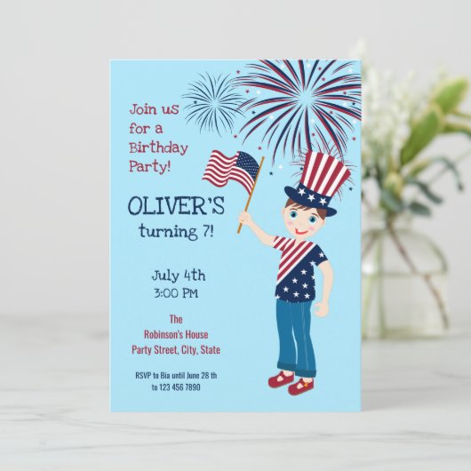 7月4日バースデーボーイパーティの招待状 招待状 (スタンド正面)