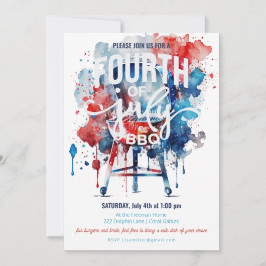 7月4日バーベキュークックアウトウォーターカラー 招待状 (正面)