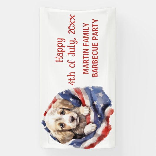 7月4日バーベキューパーティーアメリカ国旗の子犬 横断幕 (縦)