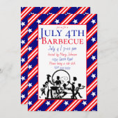 7月4日バーベキュー星、赤、白ストライプ色 招待状 (正面/裏面)