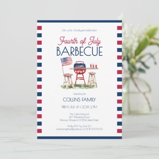 7月4日バーベキュー水彩国旗の夏パーティー 招待状 (スタンド正面)