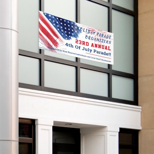 7月4日パレード赤白青会社夏季 横断幕 (ビルの外側)